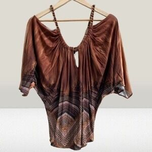 NEW Sky Women Cold Shoulder Chain Strap Batwing Blouse Top XS